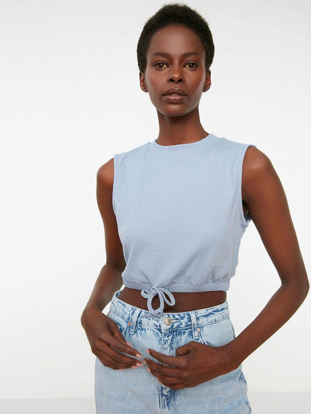 Trendyol Blue Solid Corduroy Crop Top Price in India