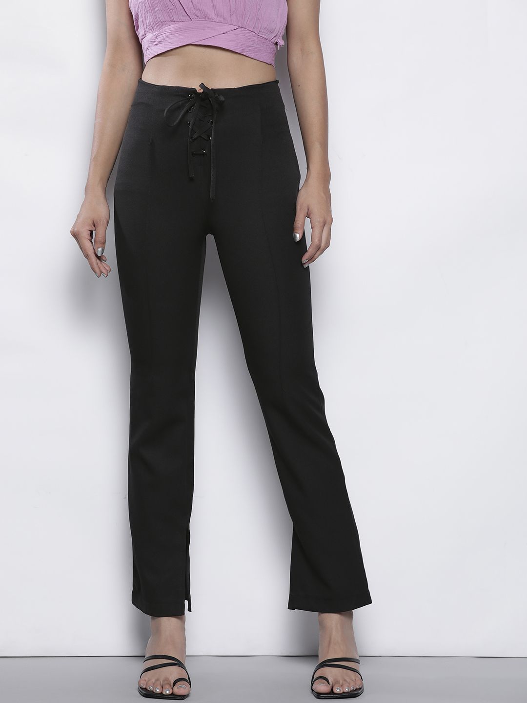 Trendyol Women Black Solid Straight Fit High-Rise Trousers Price in India