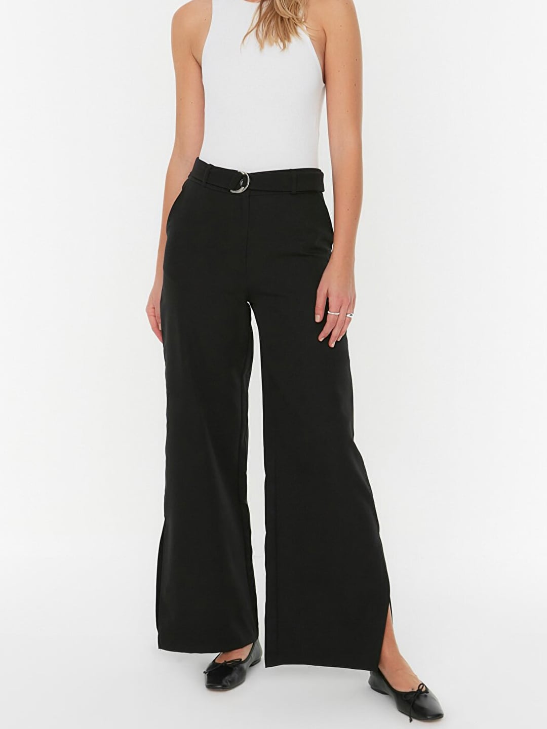 Trendyol Women Black Flared High-Rise Trousers Price in India