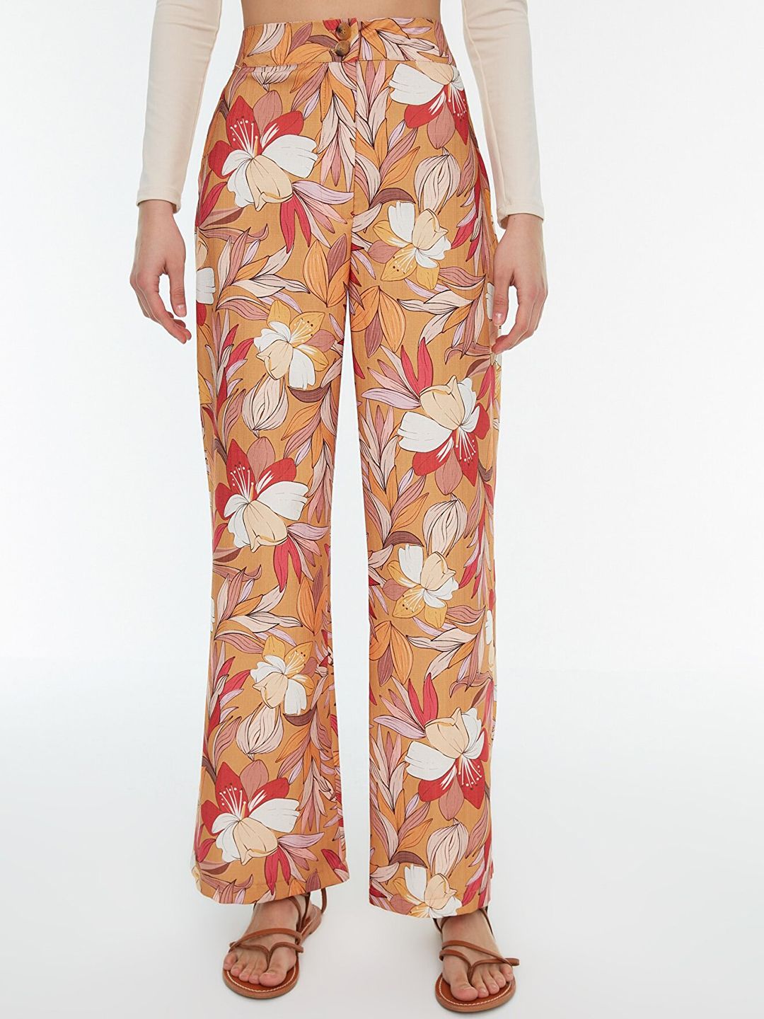 Trendyol Women Mustard Yellow & White Floral Printed Wide Leg High-Rise Trousers Price in India