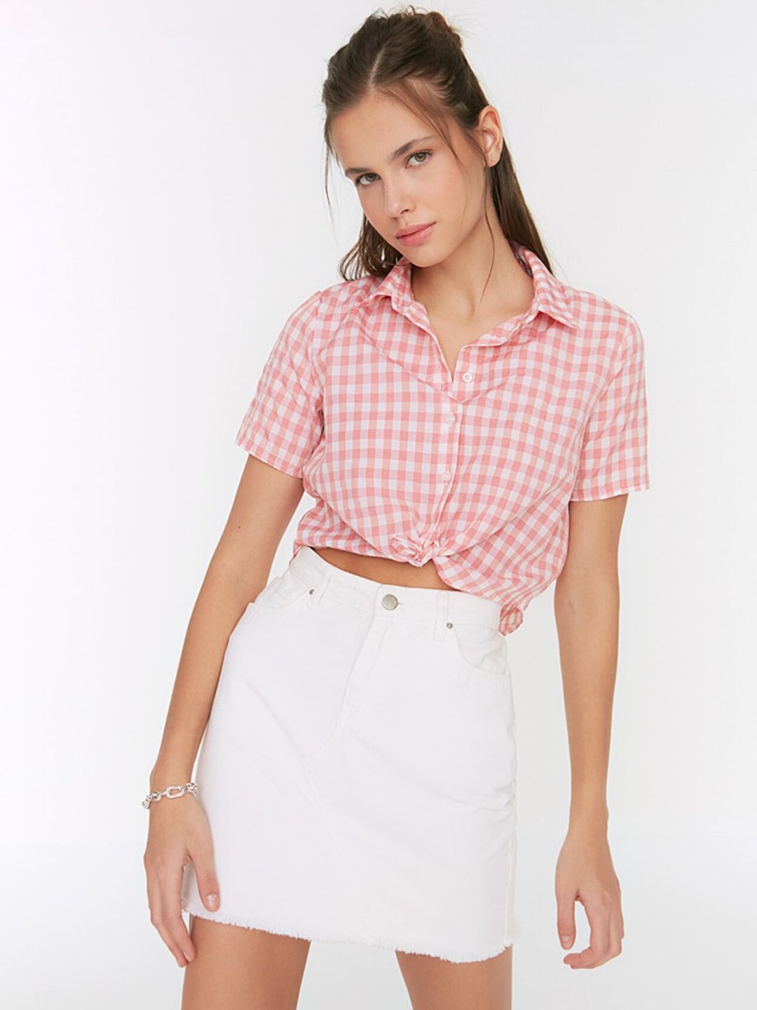 Trendyol Women Pink & White Checked Crop Casual Shirt Price in India