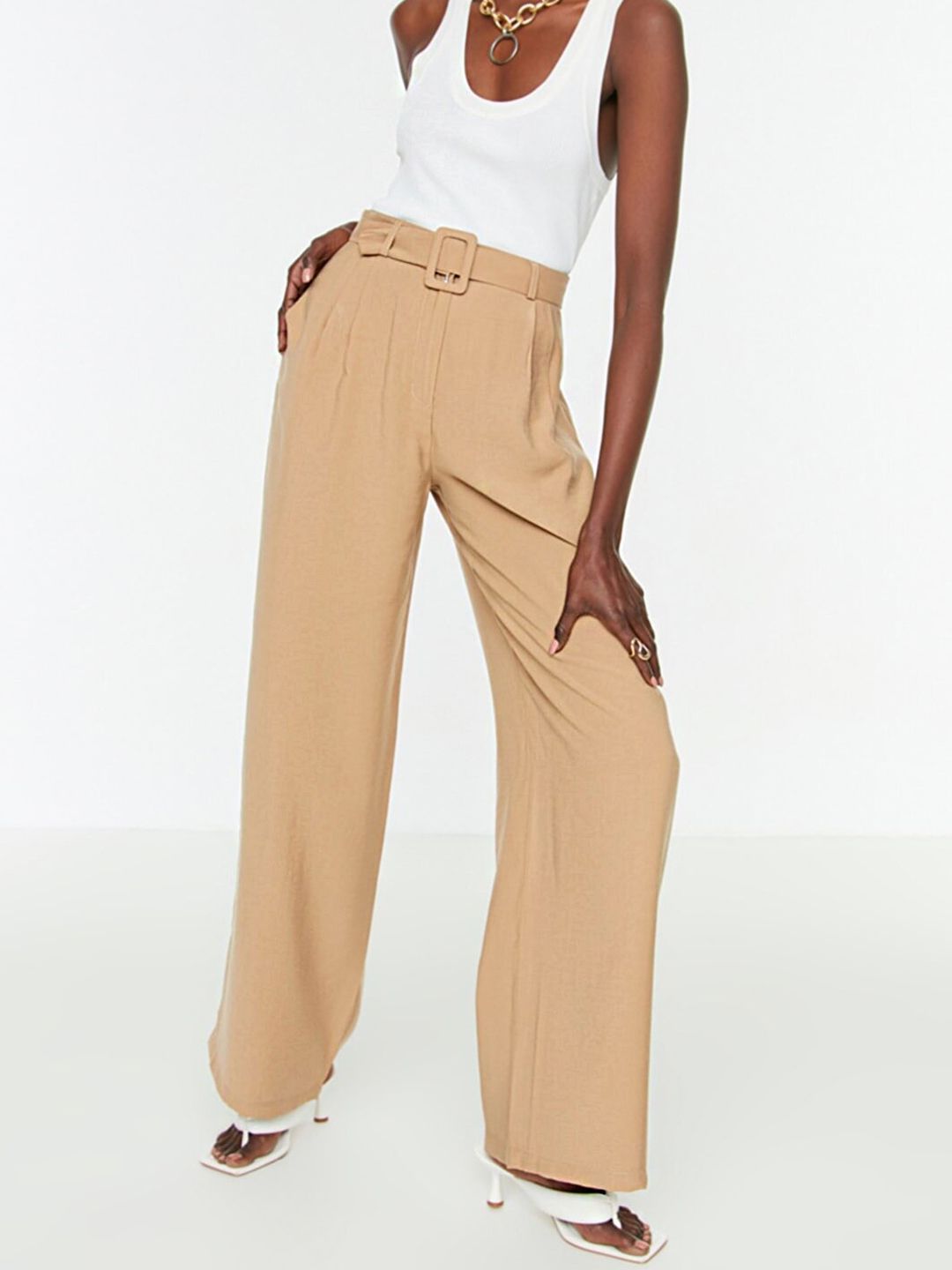 Trendyol Women Khaki Solid High-Rise Wide Leg Pleated Parallel Trousers with Belt Price in India