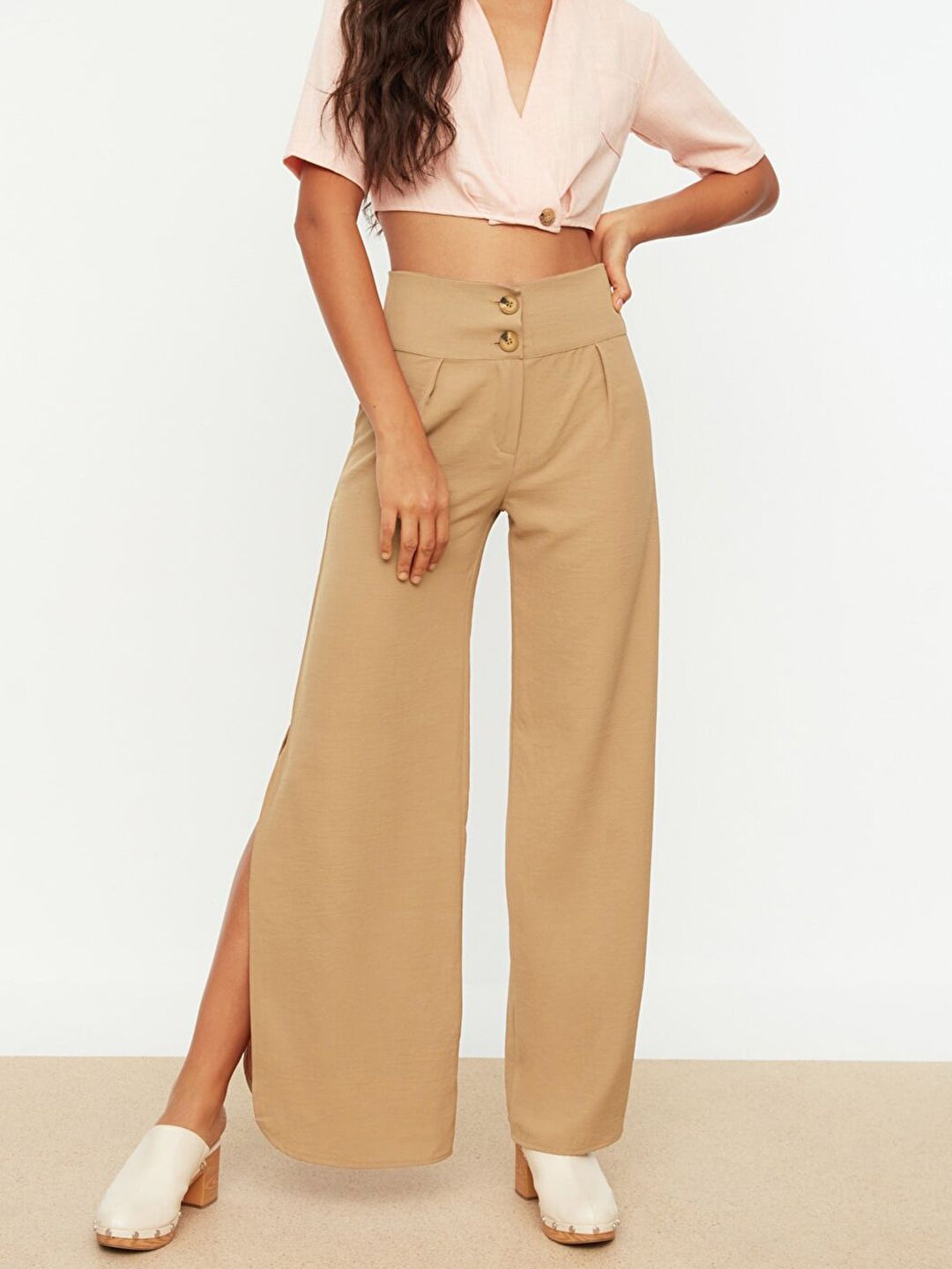 Trendyol Women Beige Wide Leg High-Rise Trousers Price in India