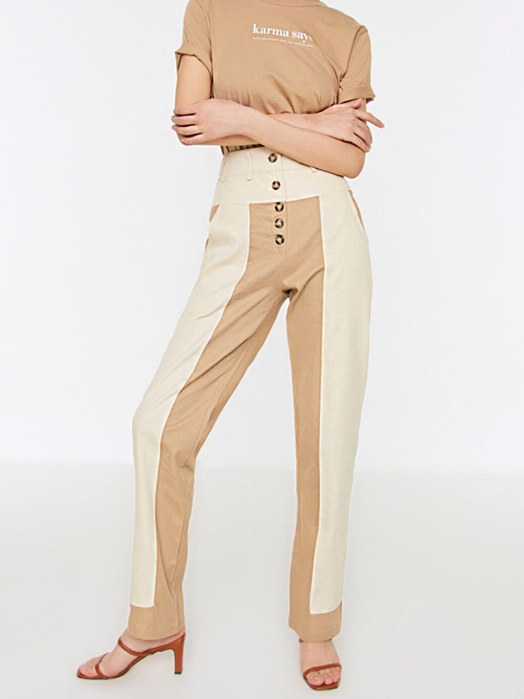 Trendyol Women Beige & Brown Pure Cotton Colourblocked High-Rise Trousers Price in India
