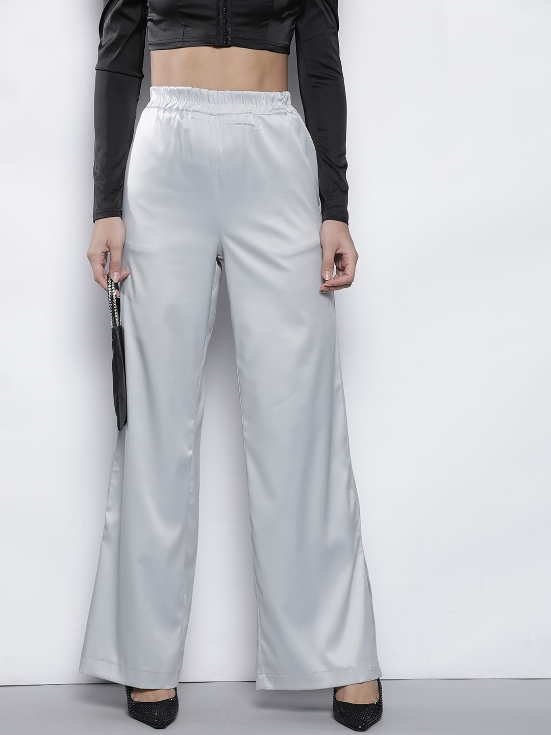 Trendyol Women Grey High-Rise Trousers with Side Slits Price in India