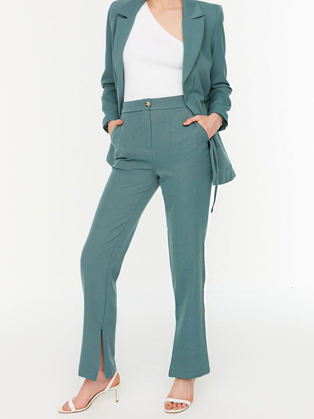 Trendyol Women Mint Green Straight Fit High-Rise Trousers Price in India