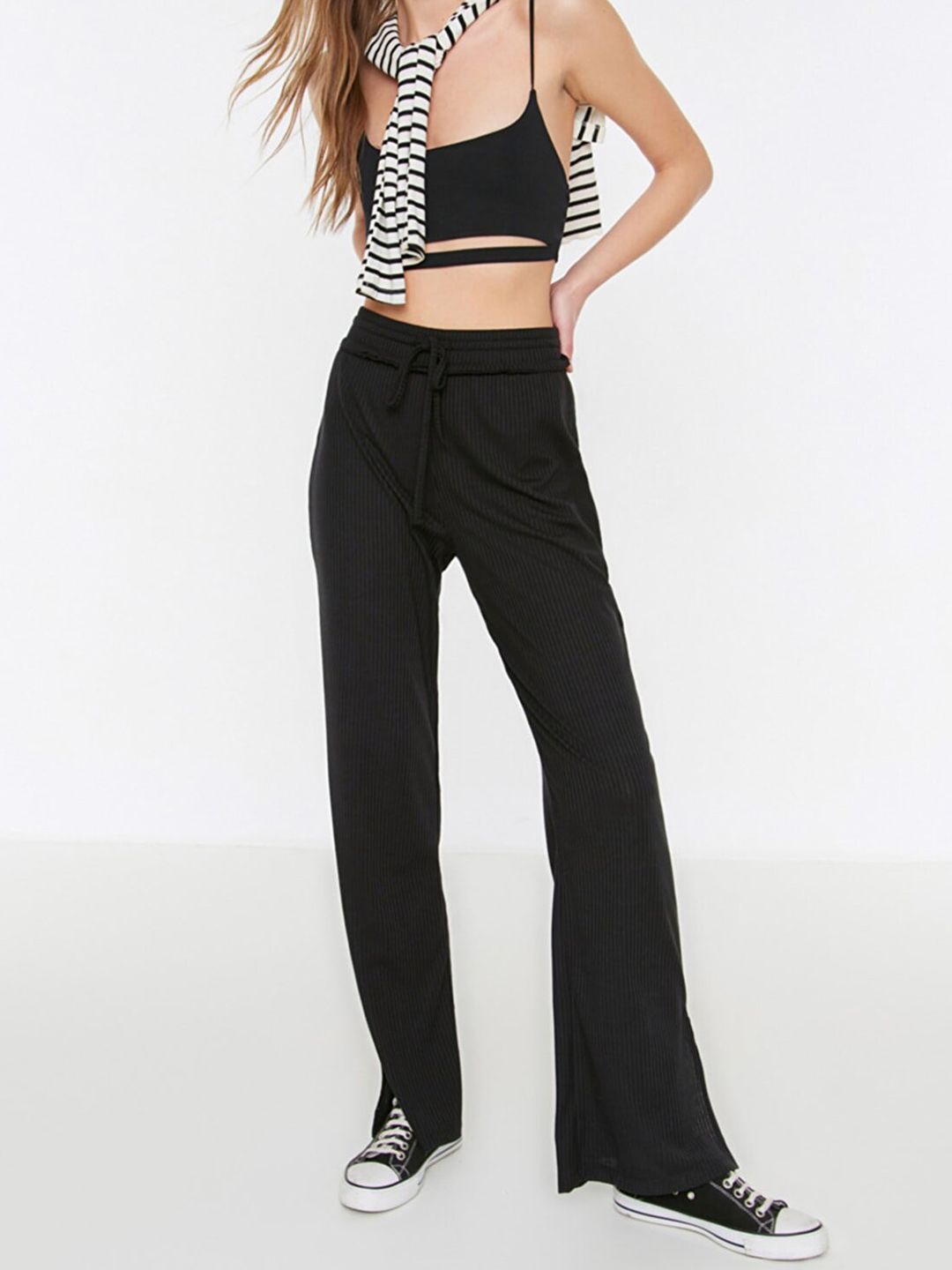 Trendyol Women Black Self Striped High-Rise Trousers Price in India