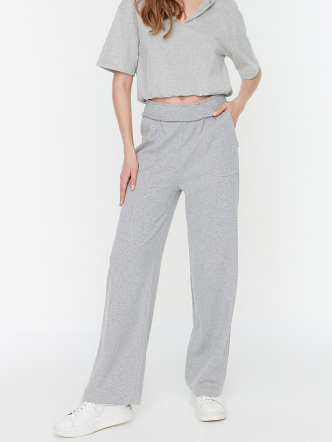Trendyol Women Grey Solid Wide-Leg Flared High-Rise Trousers Price in India