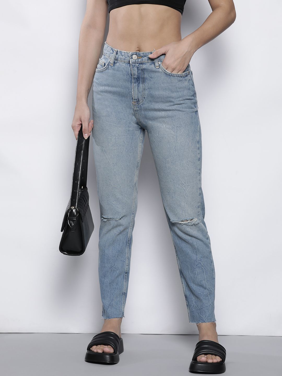 Trendyol Women Blue Solid High-Rise Slash Knee Pure Cotton Mom Jeans Price in India