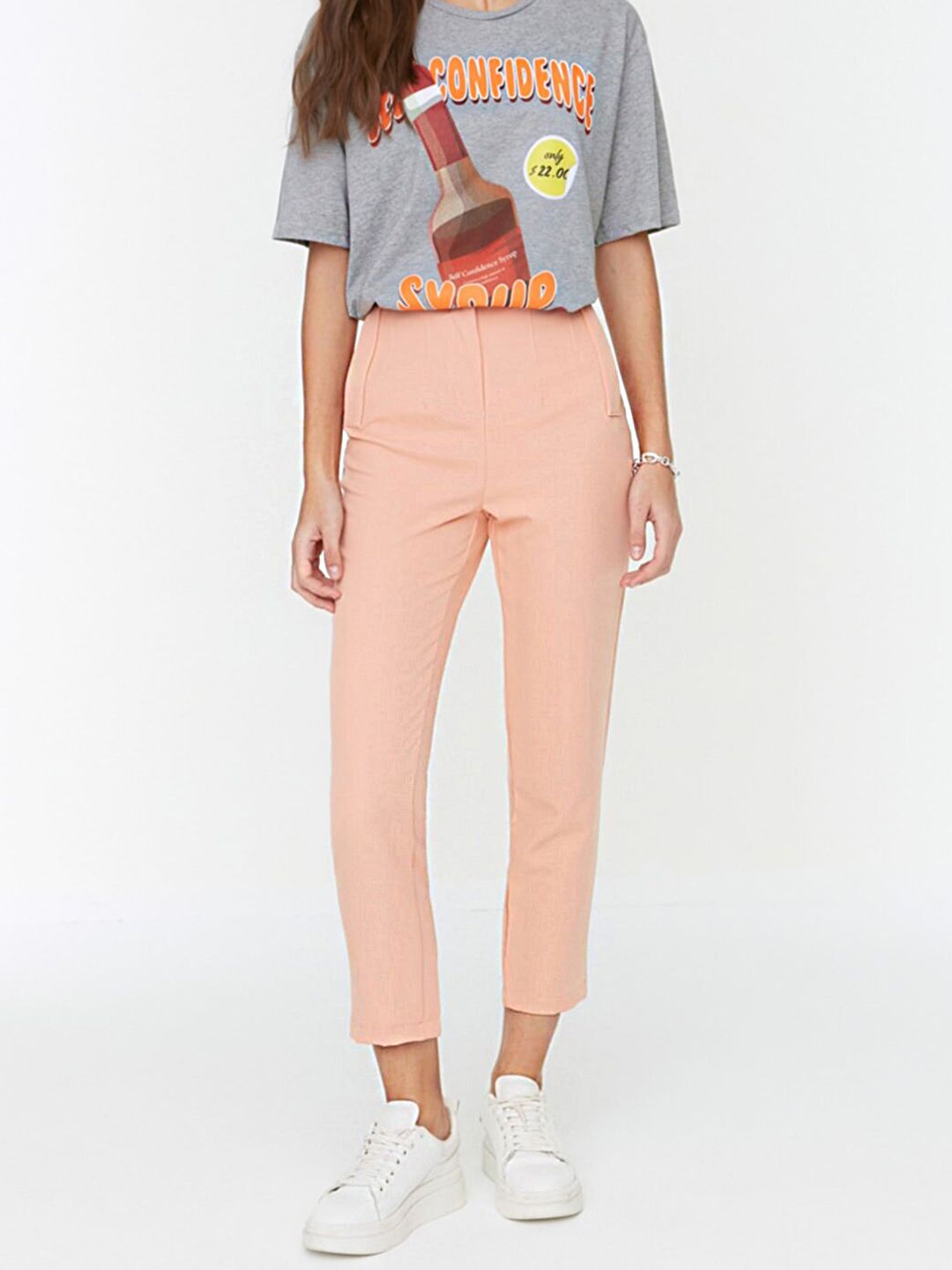 Trendyol Women Peach-Coloured Slim Fit High-Rise Cropped Trousers Price in India