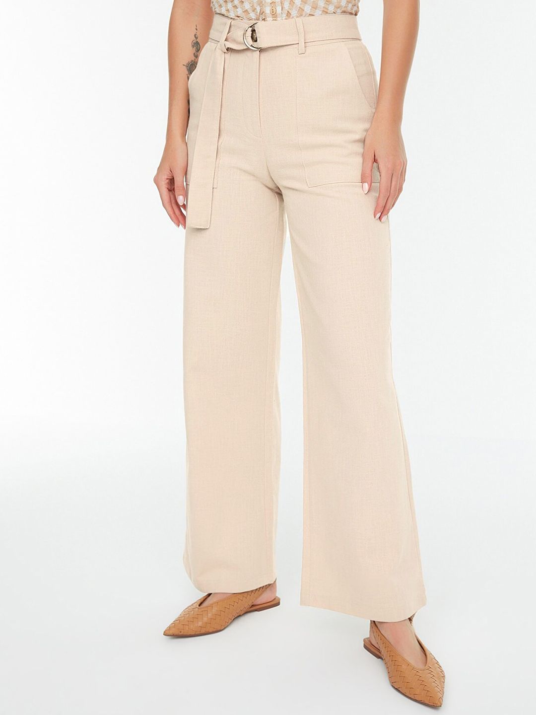 Trendyol Women Beige High-Rise Pleated Trousers Price in India
