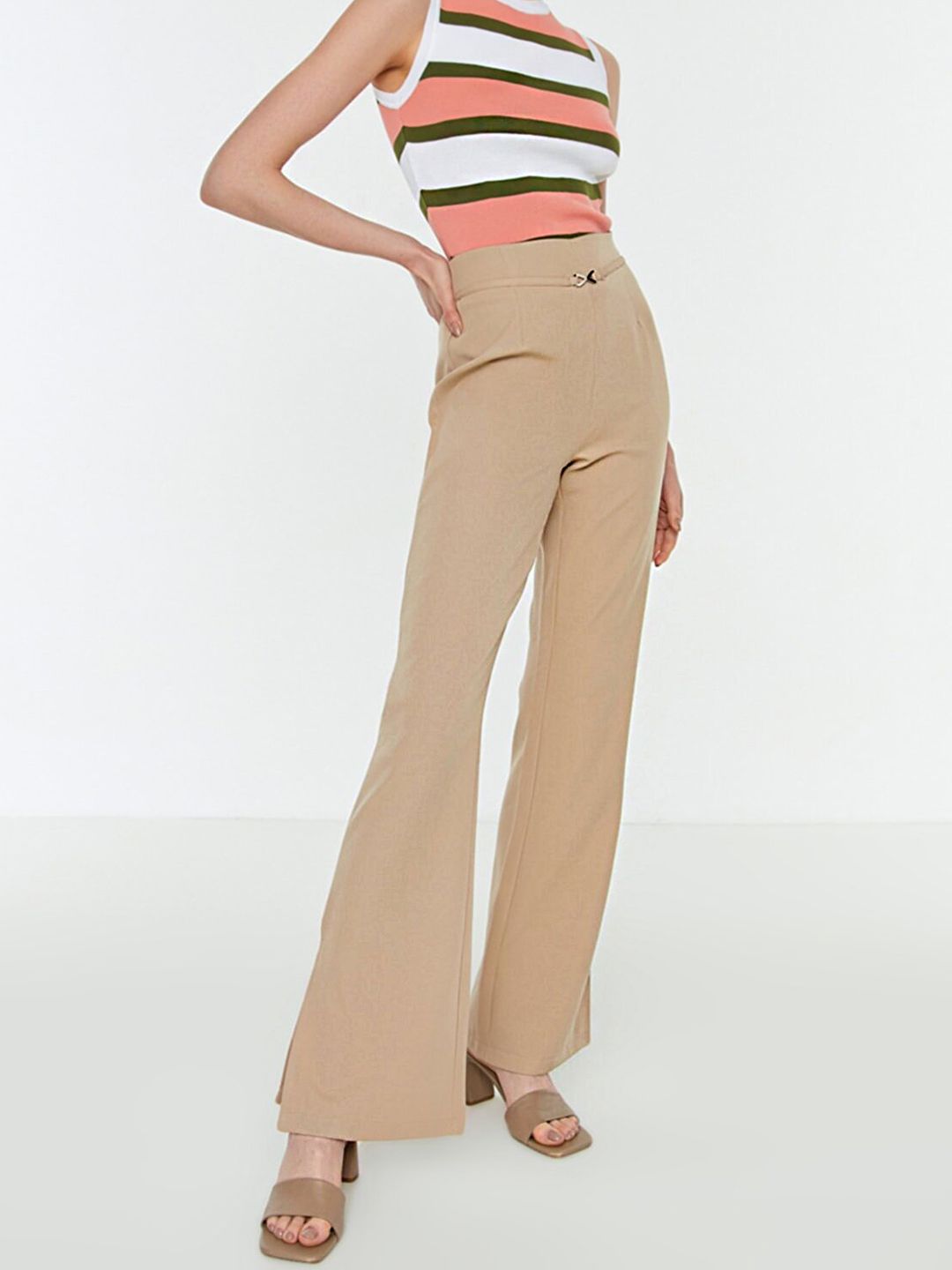 Trendyol Women Beige Flared Fit Wide Leg Accessory Detail High-Rise Trousers Price in India