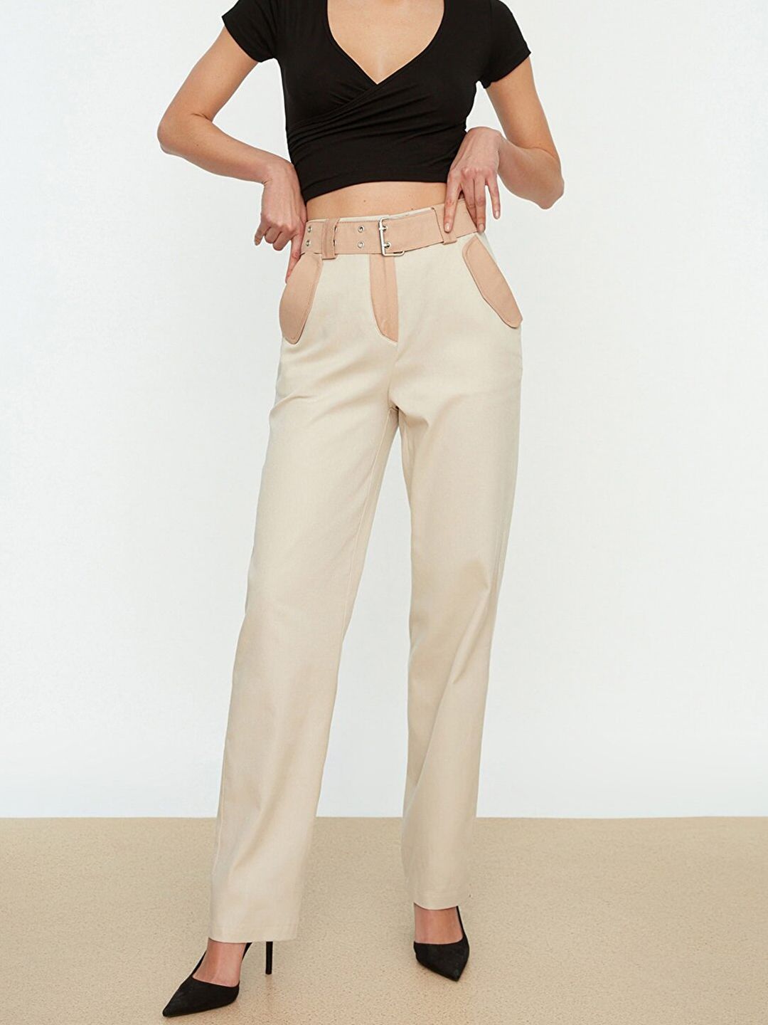 Trendyol Women Beige Solid High-Rise Cotton Trousers with Oversized Flap Pockets & Belt Price in India