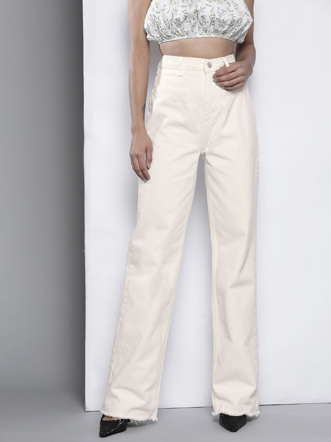 Trendyol Women Off White Solid High-Rise Pure Cotton Wide Leg Jeans Price in India