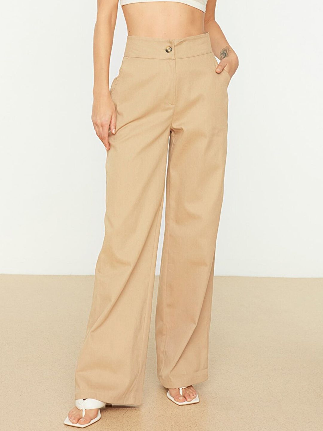 Trendyol Women Khaki Pure Cotton High-Rise Wide Leg Trousers Price in India