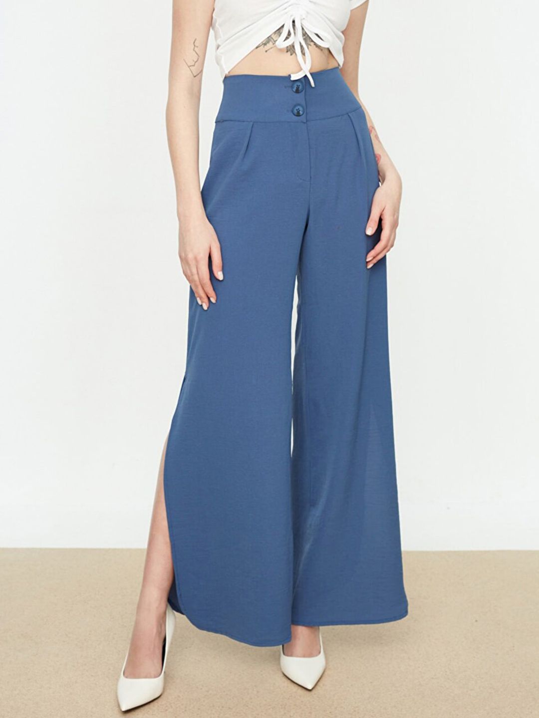 Trendyol Women Blue Straight Fit High-Rise Pleated Trousers Price in India