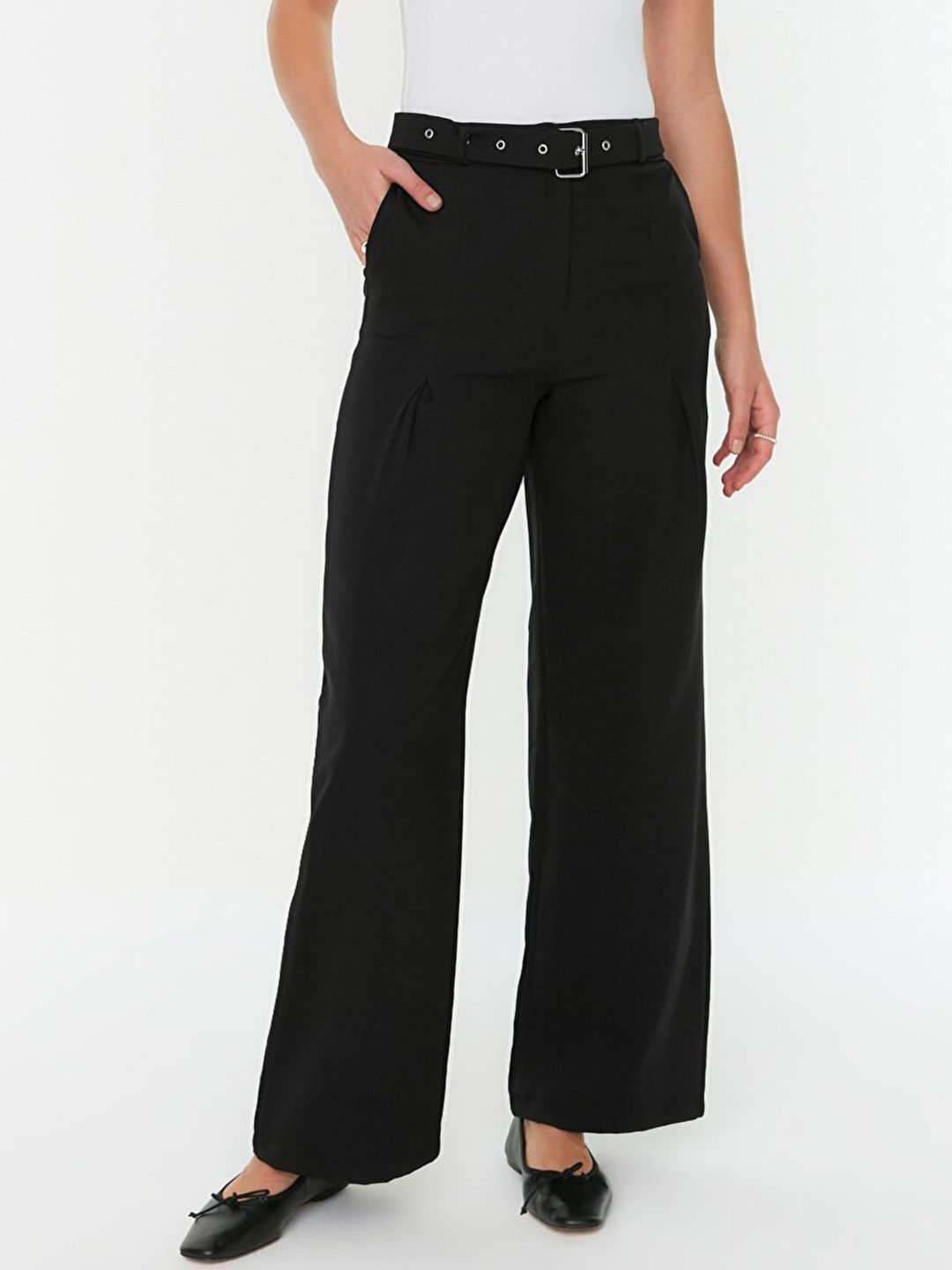 Trendyol Women Black Flared High-Rise Pleated Trousers with Belt Price in India