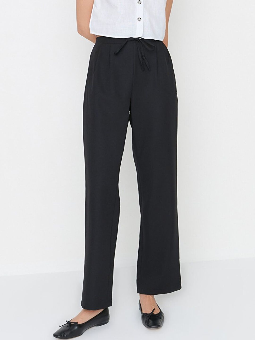 Trendyol Women Black Straight Fit Wide Leg High-Rise Trousers Price in India