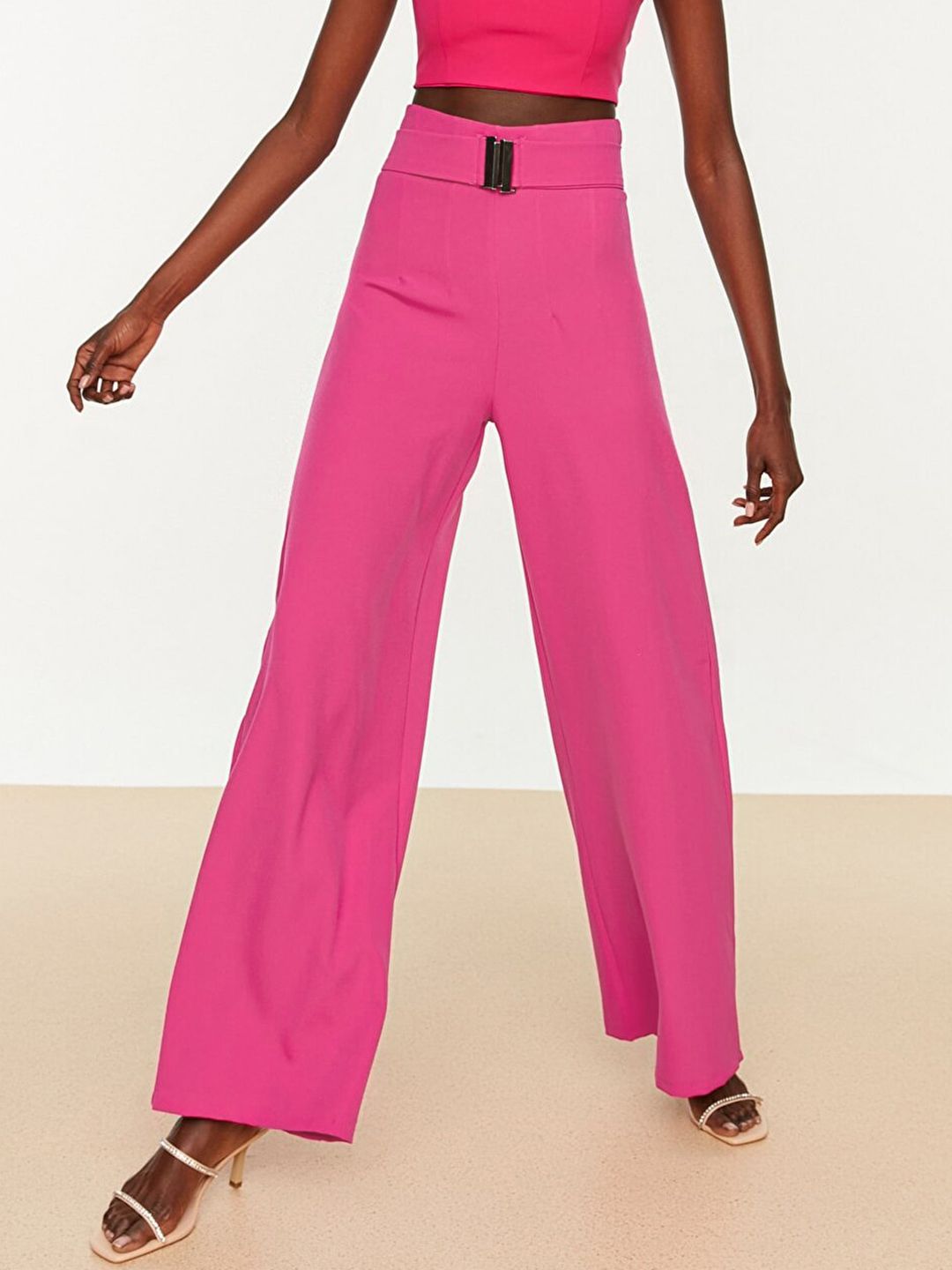 Trendyol Women Fuchsia Pink Solid Wide Leg Parallel Trousers with Belt Applique Price in India