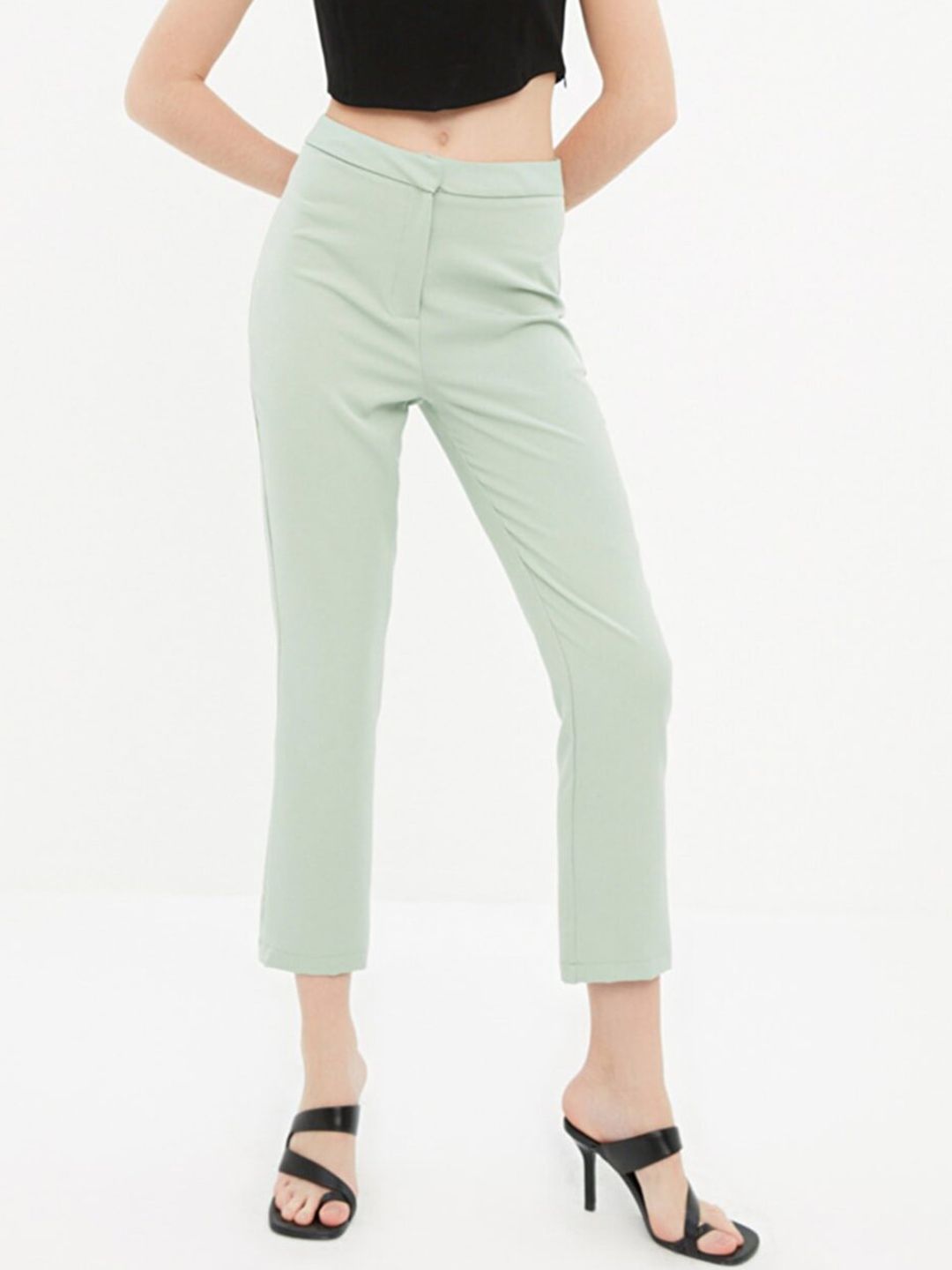 Trendyol Women Sage Green Solid High-Rise Crop Cigarette Trousers Price in India