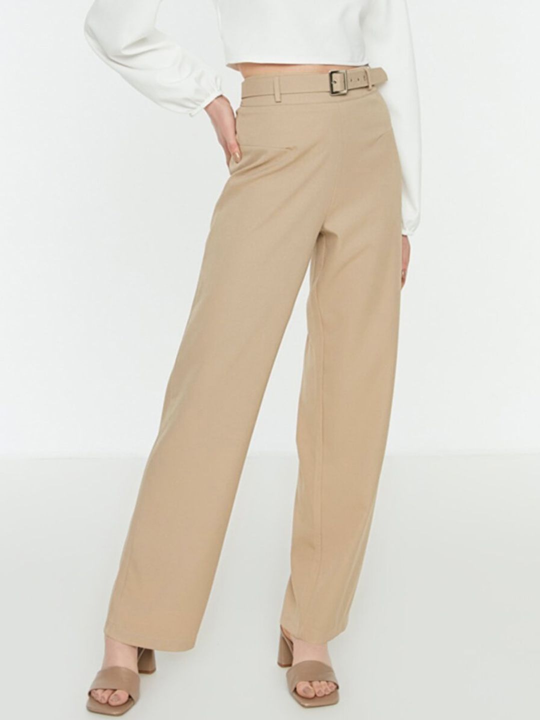 Trendyol Women Beige Solid Straight Fit High-Rise Trousers