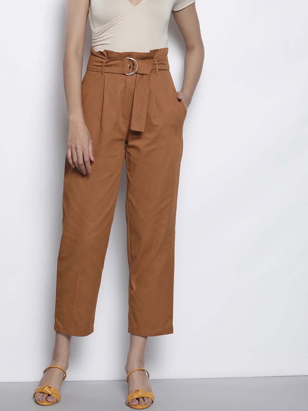 Trendyol Women Camel Brown Pure Cotton High-Rise Pleated Carrot cut Trousers Price in India
