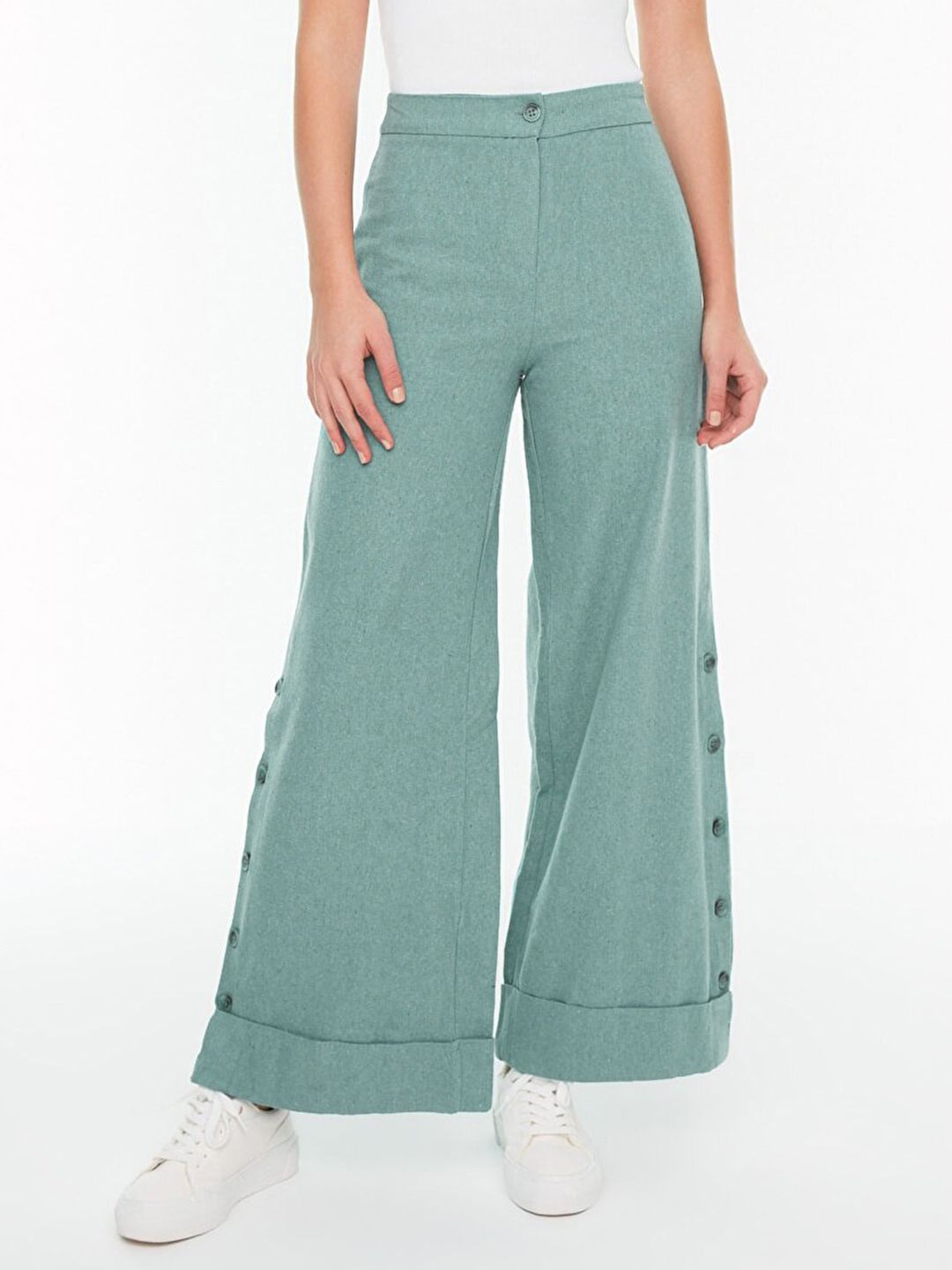 Trendyol Women Green Solid Wide Leg High-Rise Trousers Price in India
