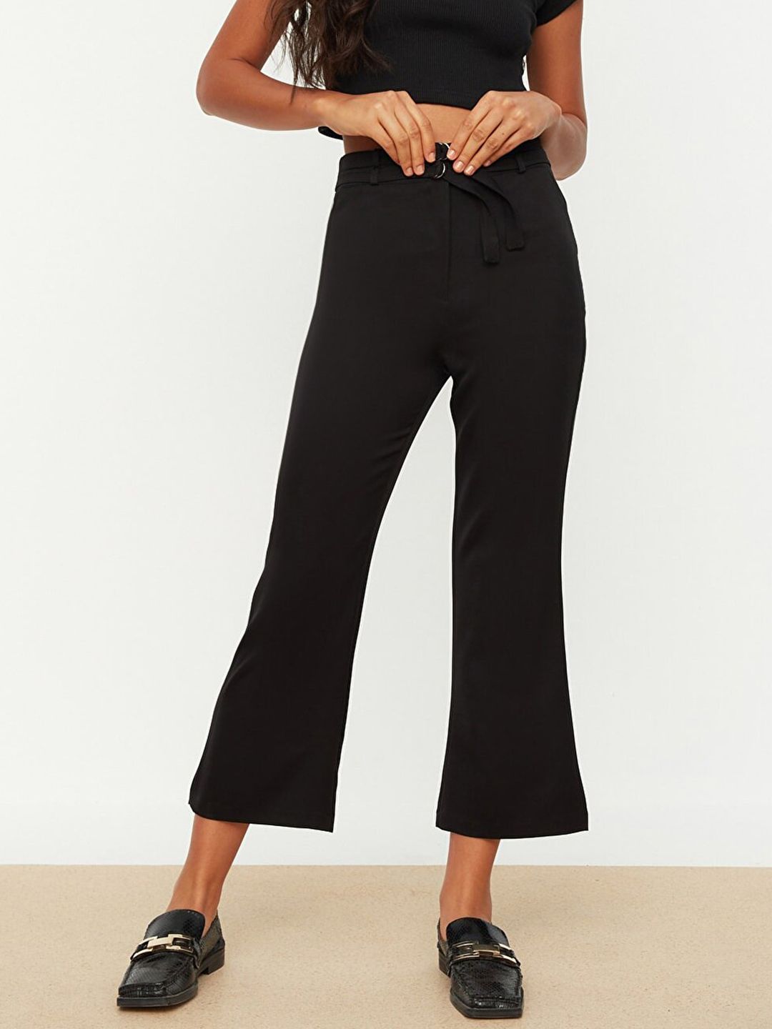 Trendyol Women Black Wide Leg High-Rise Trousers Price in India