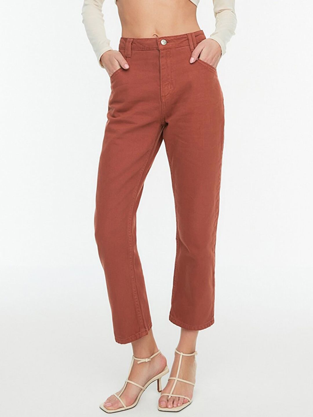 Trendyol Women Rust Brown Straight Fit High-Rise Stretchable Jeans