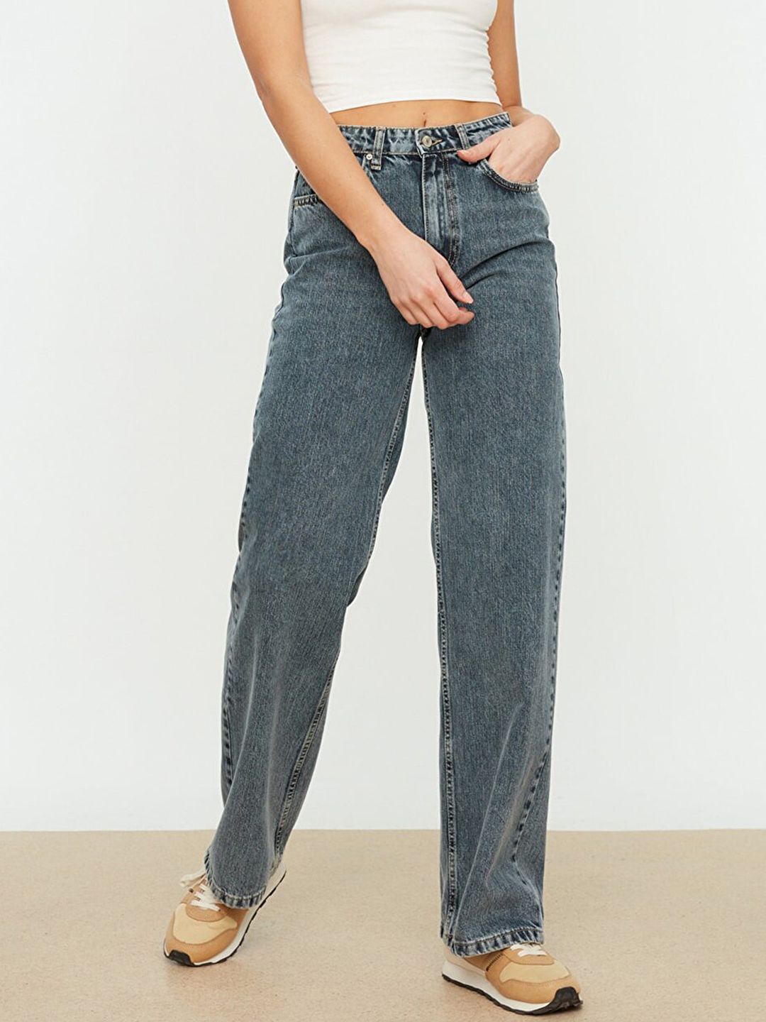 Trendyol Women Blue Pure Cotton Wide Leg High-Rise Jeans