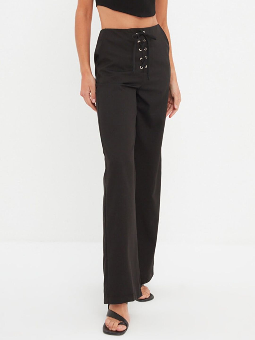 Trendyol Women Black High-Rise Trousers with Lace Up Detail Price in India