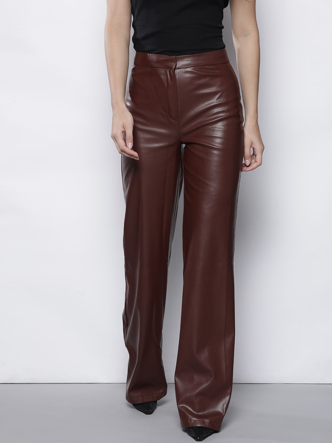 Trendyol Women Burgundy Solid Flared High-Rise Trousers Price in India