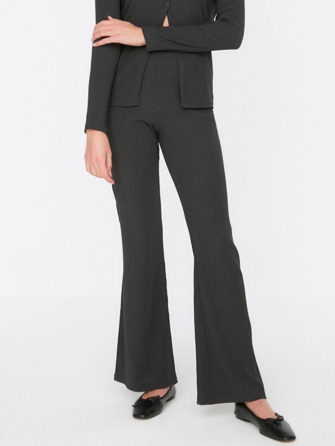 Trendyol Women Black Flared High-Rise Trousers Price in India