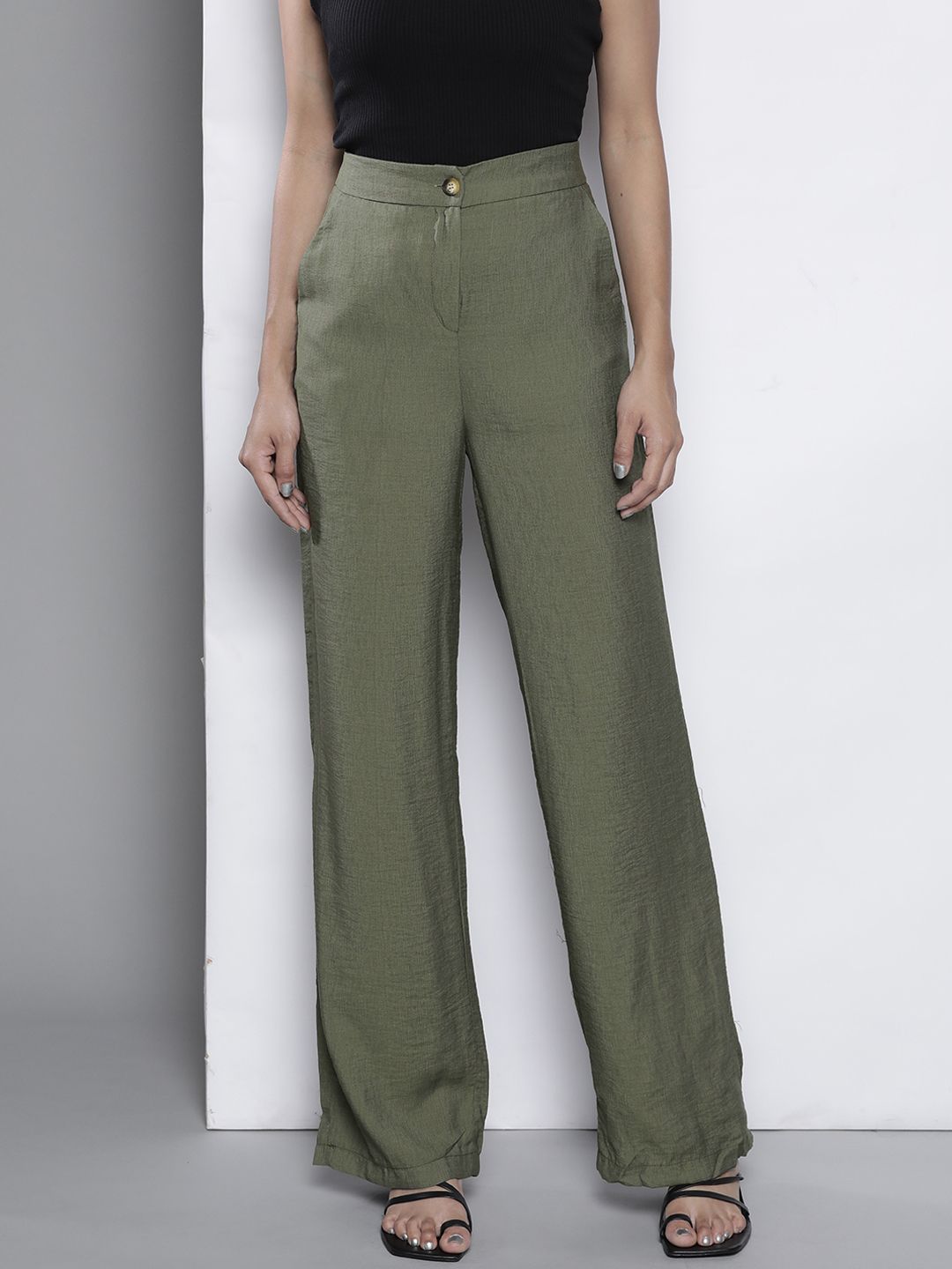 Trendyol Women Olive Green Solid Flared Trousers Price in India