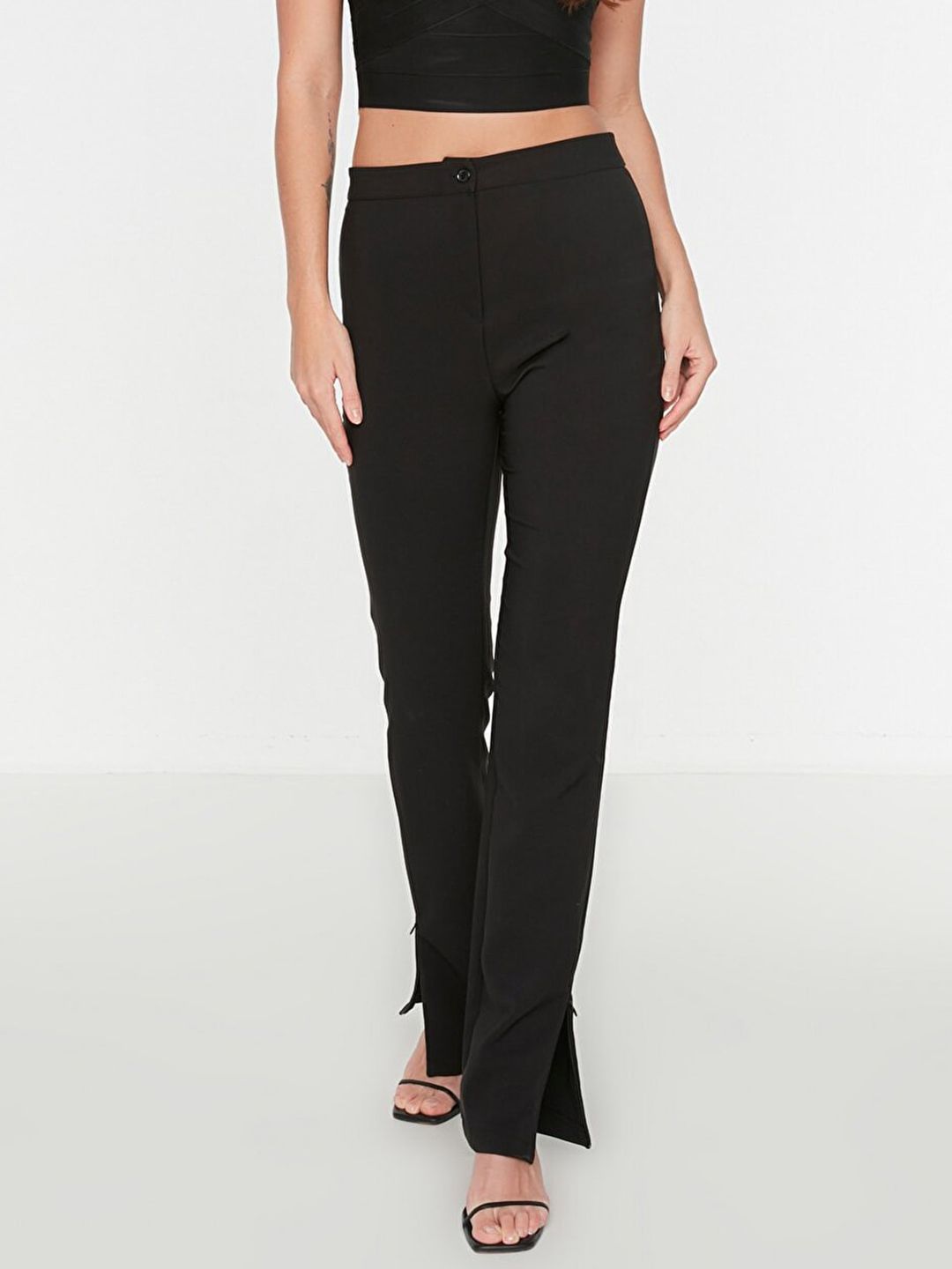 Trendyol Women Black Slim Fit High-Rise Trousers with Side Slits Price in India