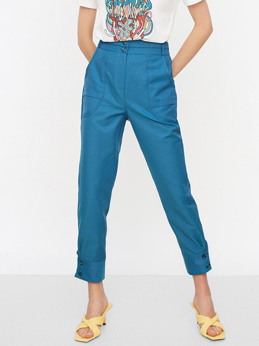 Trendyol Women Blue Slim Fit High-Rise Cropped Trousers Price in India