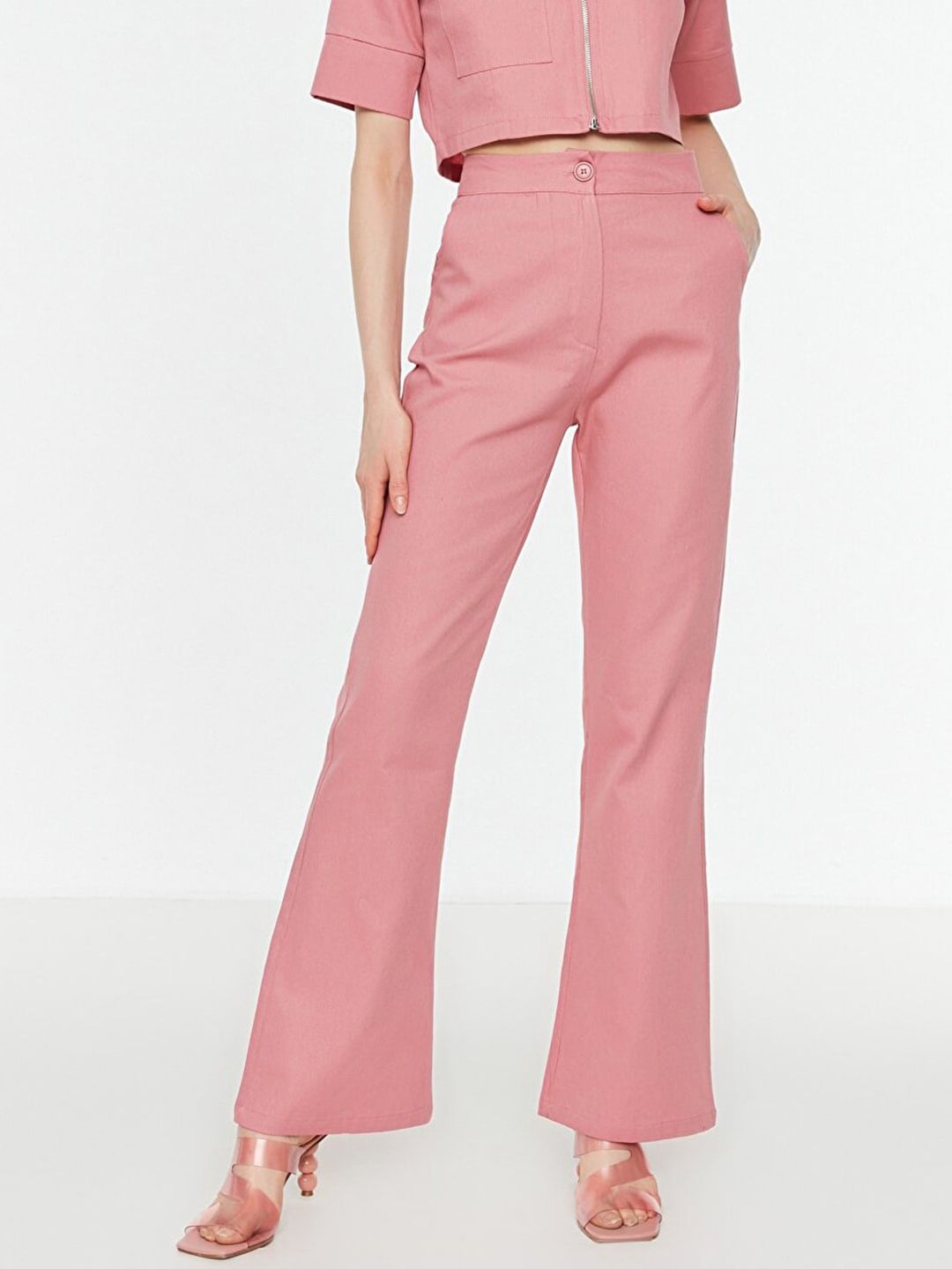 Trendyol Women Dusty Pink Pure Cotton Solid High-Rise Trousers Price in India