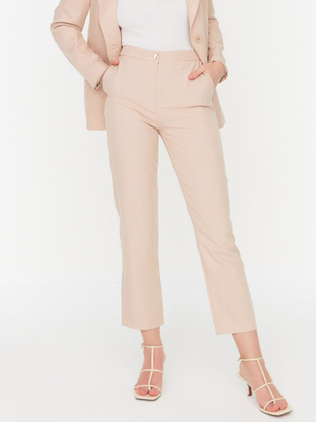 Trendyol Women Beige Slim Fit High-Rise Cropped Formal Trousers Price in India