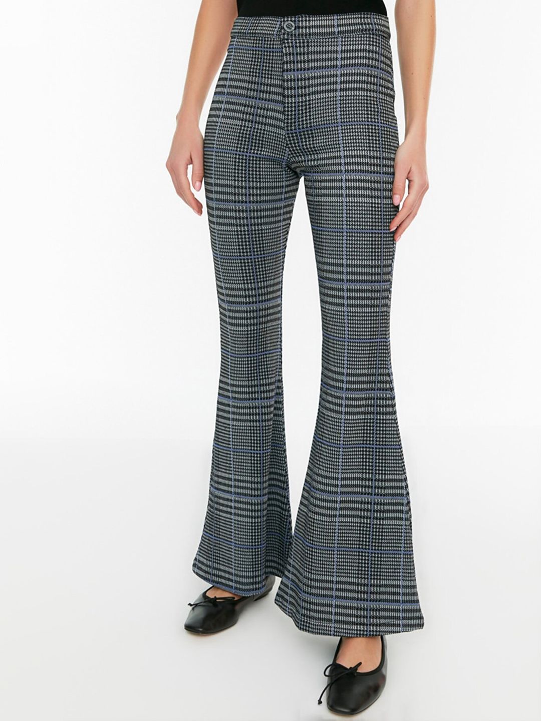 Trendyol Women Black Checked Flared High-Rise Trousers Price in India