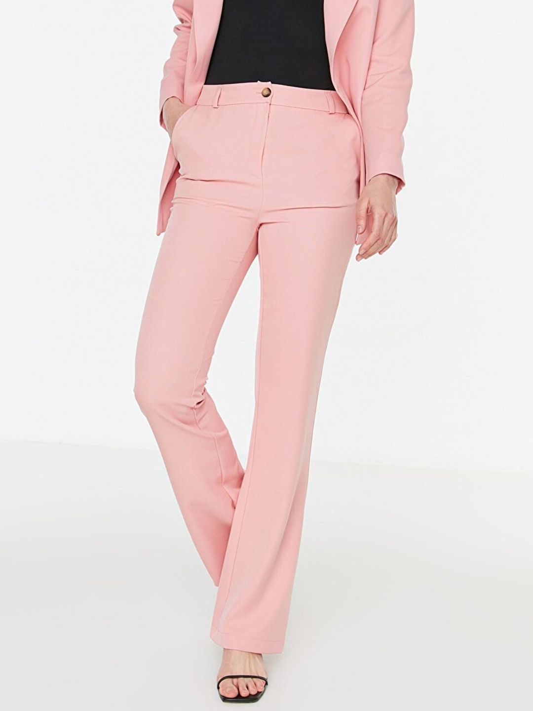 Trendyol Women Pink Solid Flared Fit Wide Leg High-Rise Trousers Price in India