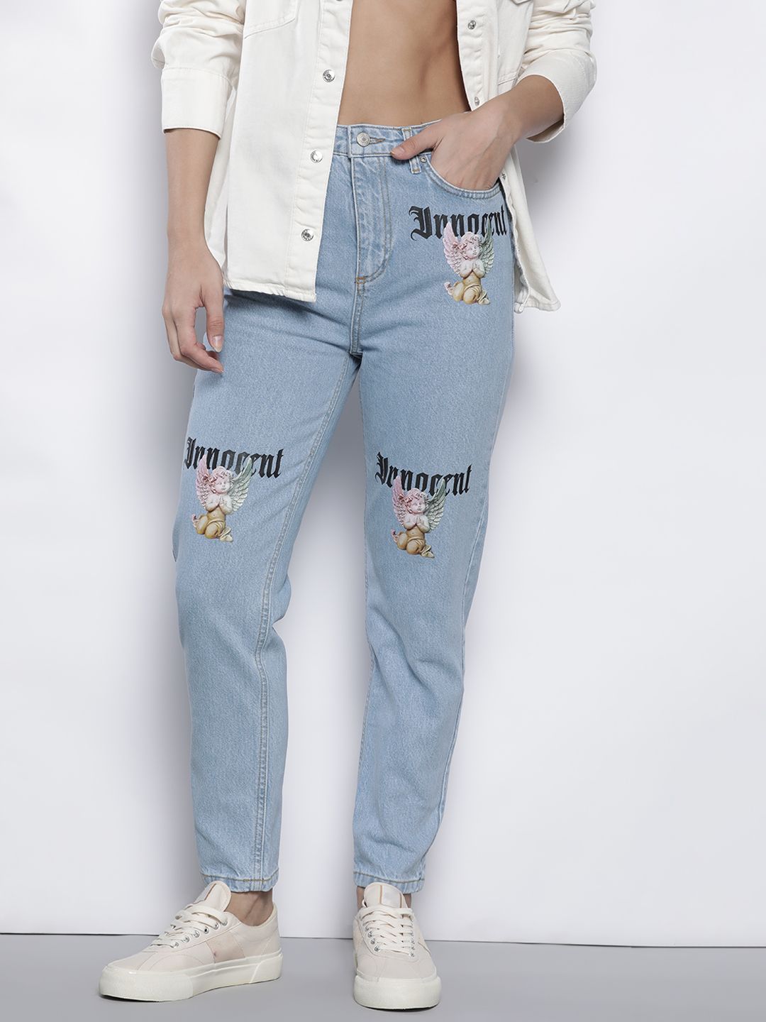 Trendyol Women Blue & Black Printed High-Rise Pure Cotton Mom Jeans Price in India