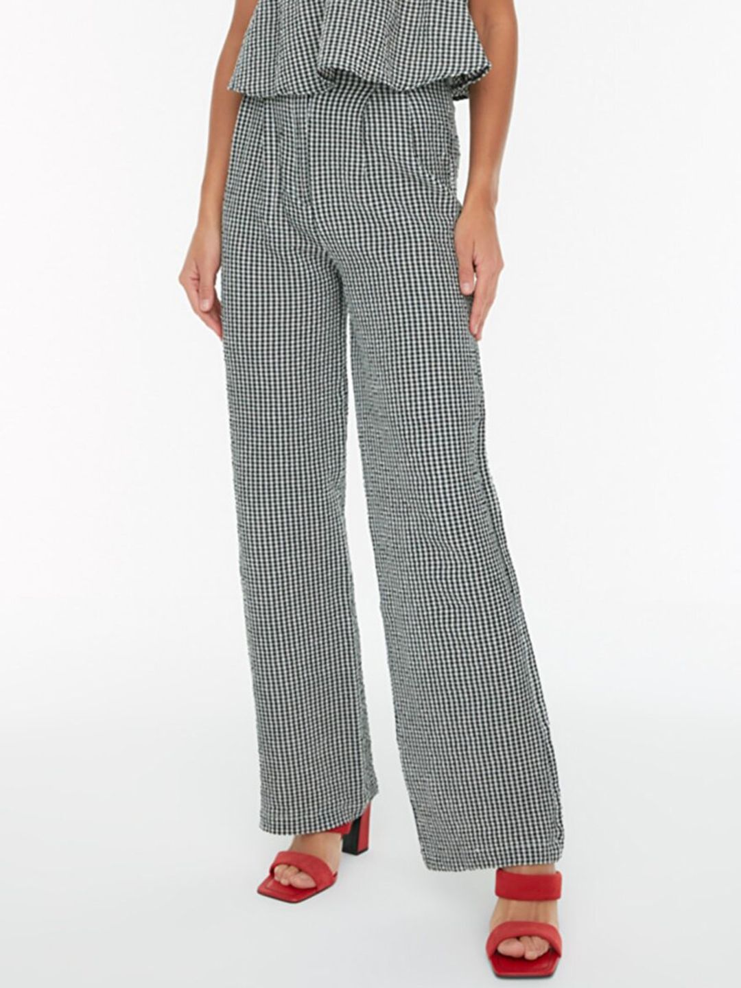Trendyol Women Black & White Checked High-Rise Pleated Wide Leg Trousers Price in India