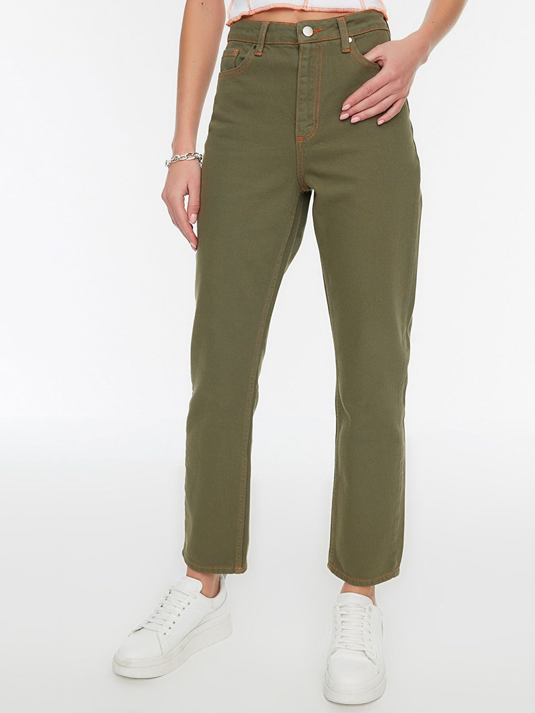 Trendyol Women Olive Green Pure Cotton Straight Fit High-Rise Jeans Price in India