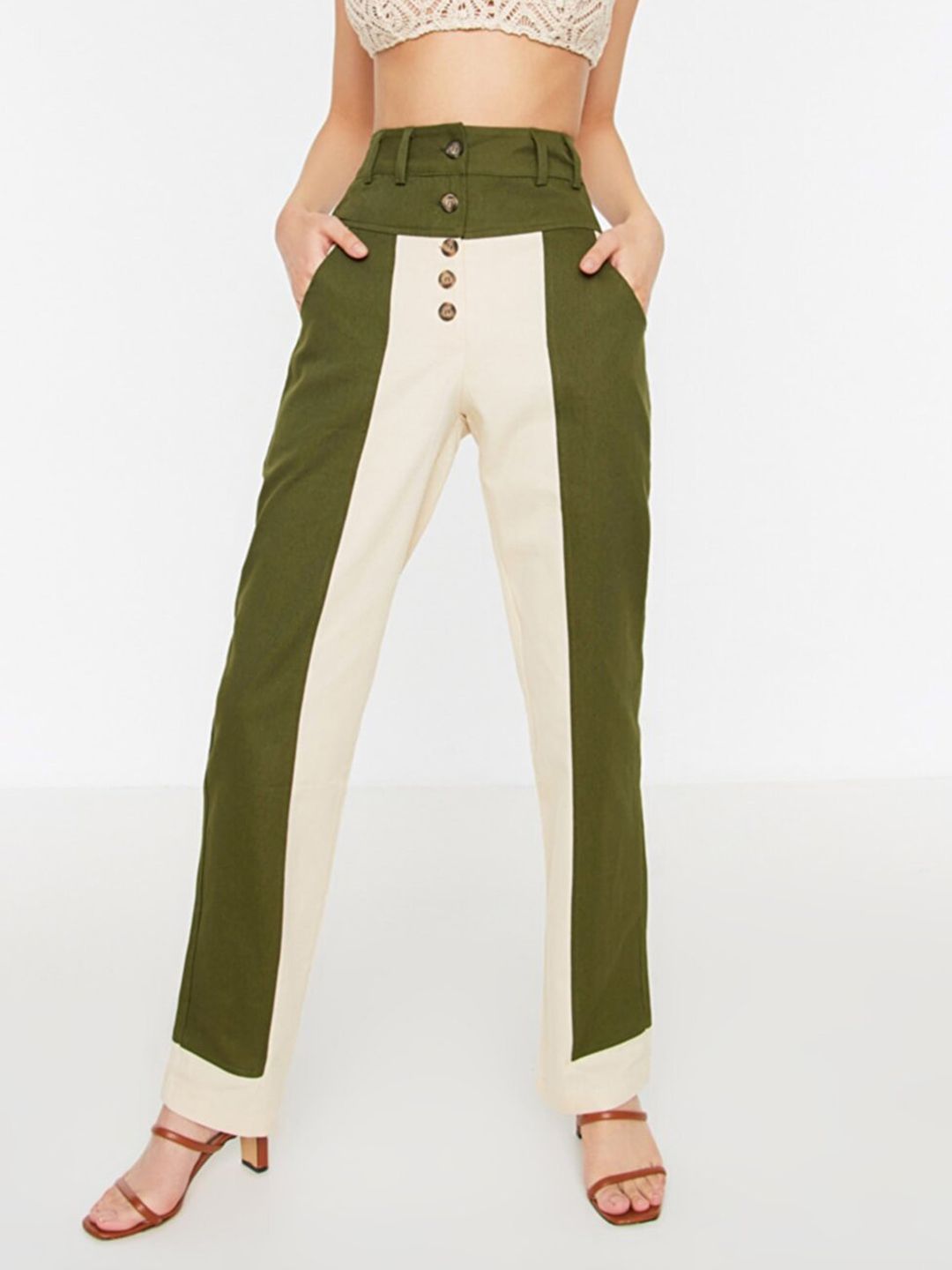 Trendyol Women Olive Green & Beige Colourblocked Side Striped High-Rise Cotton Trousers Price in India