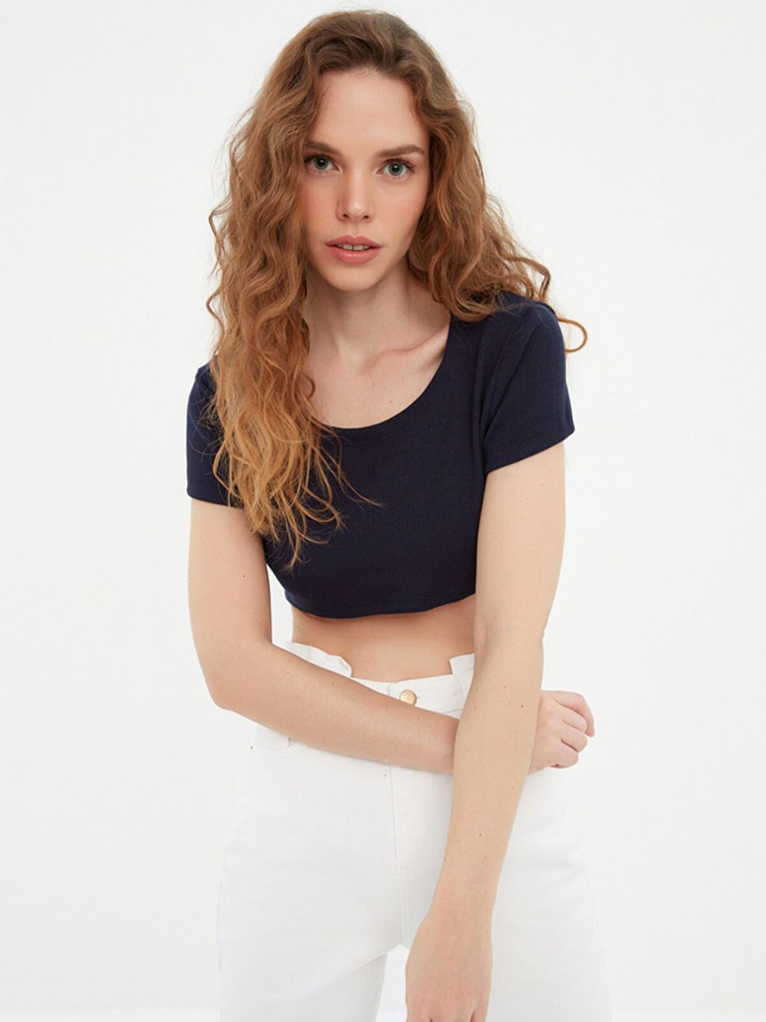 Trendyol Navy Blue Solid Crop Top Price in India