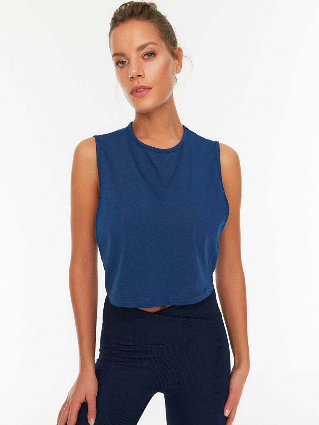 Trendyol Blue Solid Cut Out Detail Pure Cotton Styled Back Top Price in India