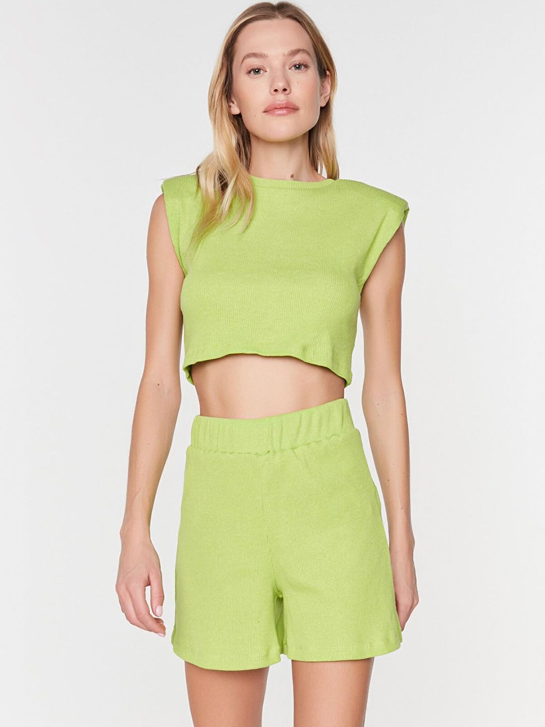 Trendyol Green Ribbed Crop Top with Padded Shoulders Price in India