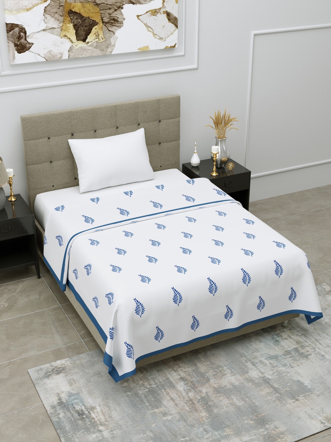 LINENWALAS Happy Sleeping Blue & White Floral Mild Winter 400 GSM Double Bed Dohar Price in India