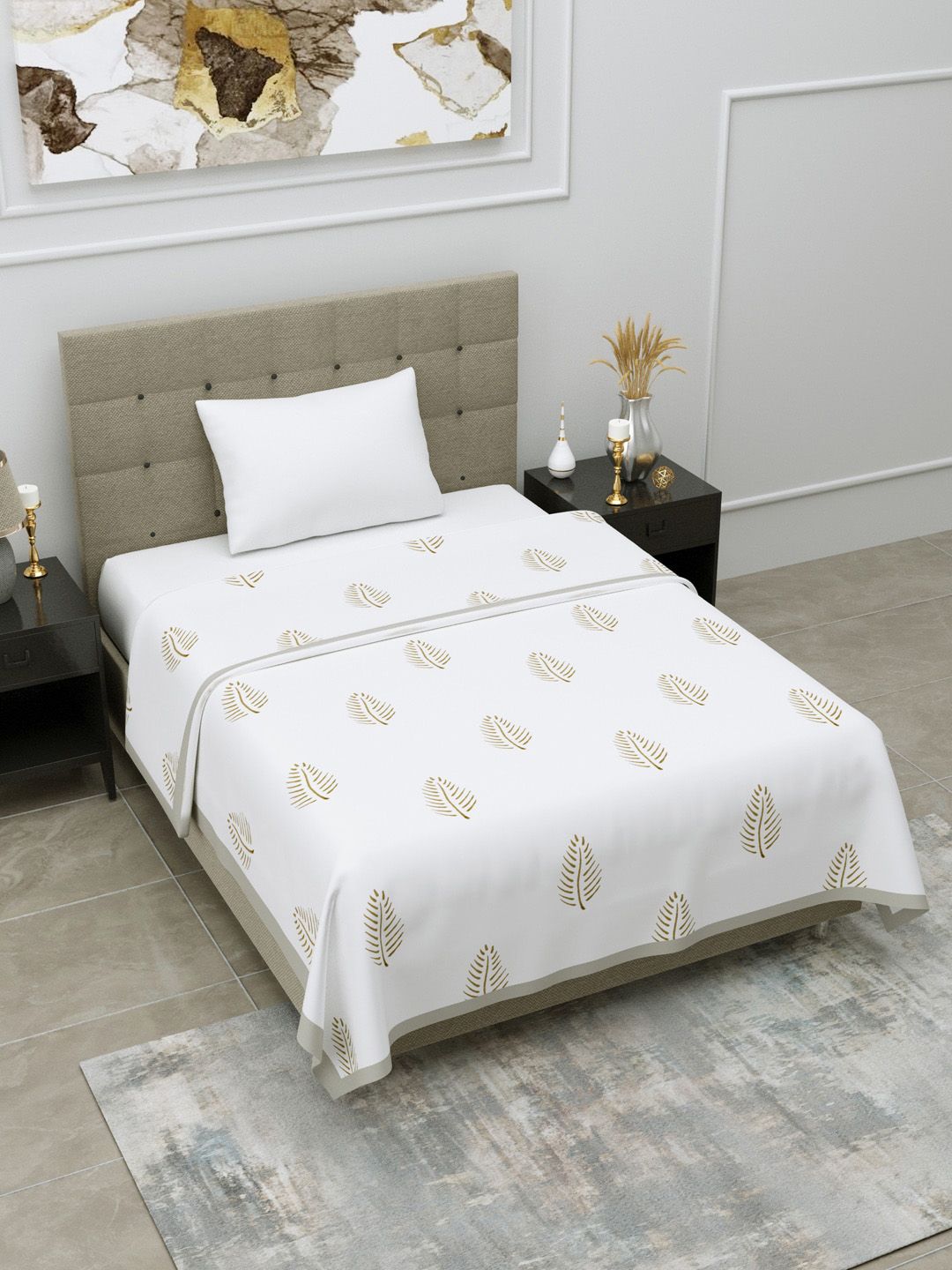 LINENWALAS Happy Sleeping Bronze & White Printed 400 GSM Double Bed Dohar Price in India