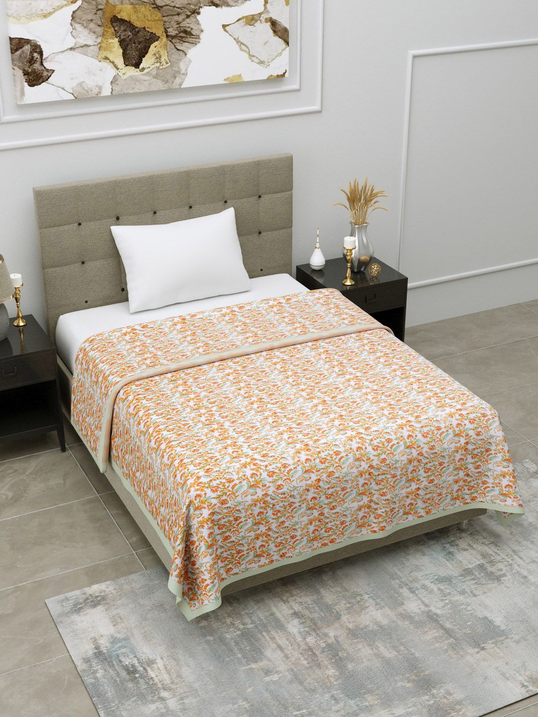 LINENWALAS Happy Sleeping Orange & White Floral Mild Winter 400 GSM Double Bed Dohar Price in India